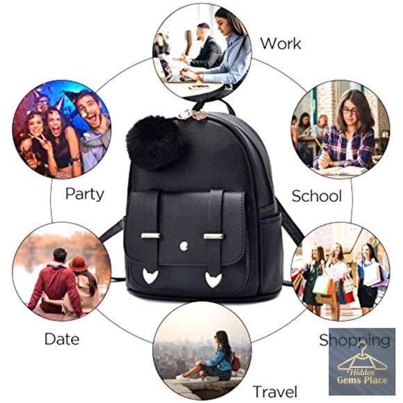 Mini PU Leather Backpack with Pompom, Adjustable Straps, 6 Pockets, Water